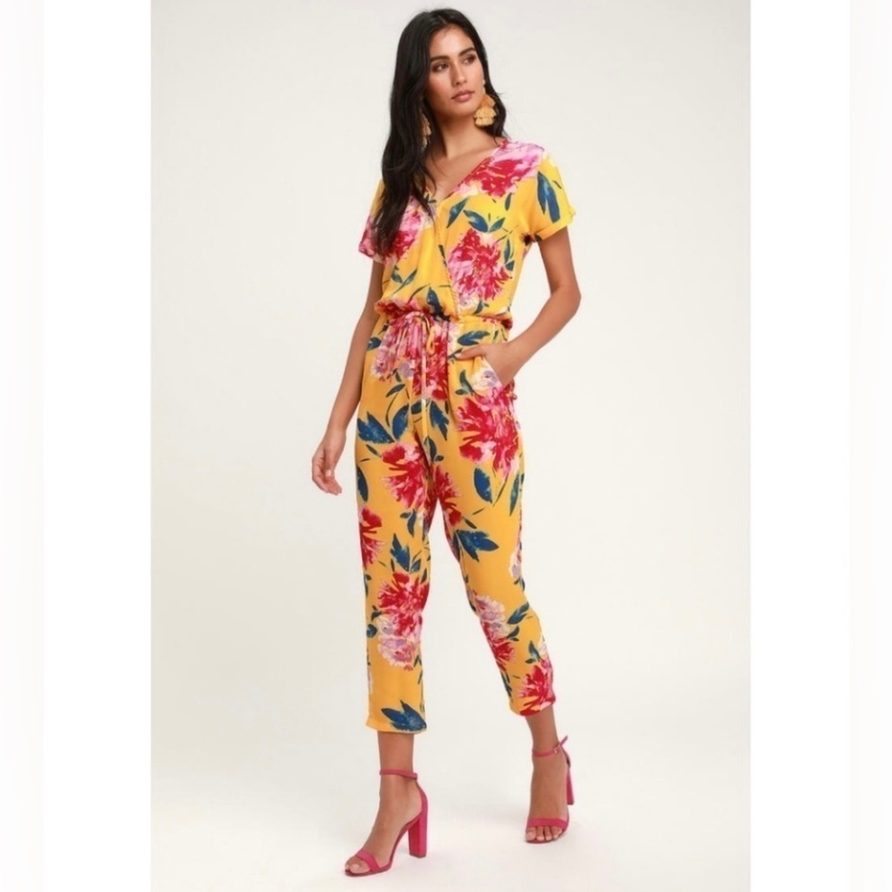 Lulu's Successful Statice Mustard Yellow Floral Jumpsuit